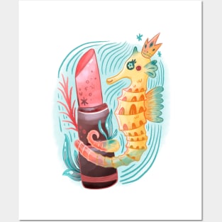 Seahorse King with Pink Lipstick Watercolor Posters and Art